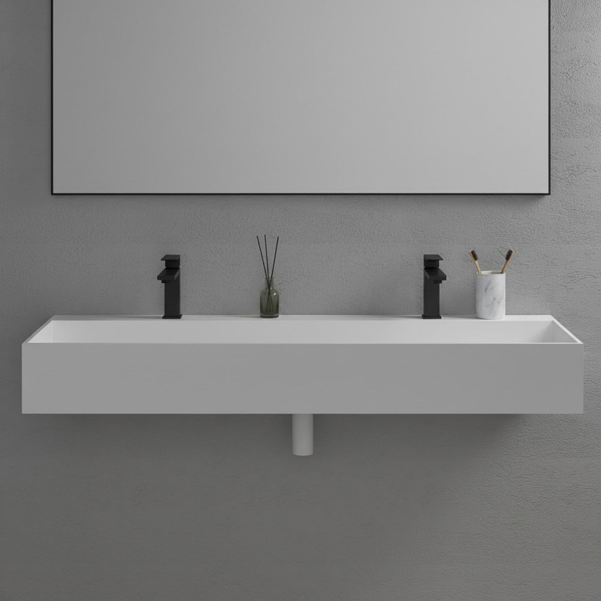 48-Inch Solid Surface Stone Resin Wall-Mounted Floating Double-Faucet Trough Bathroom Sink