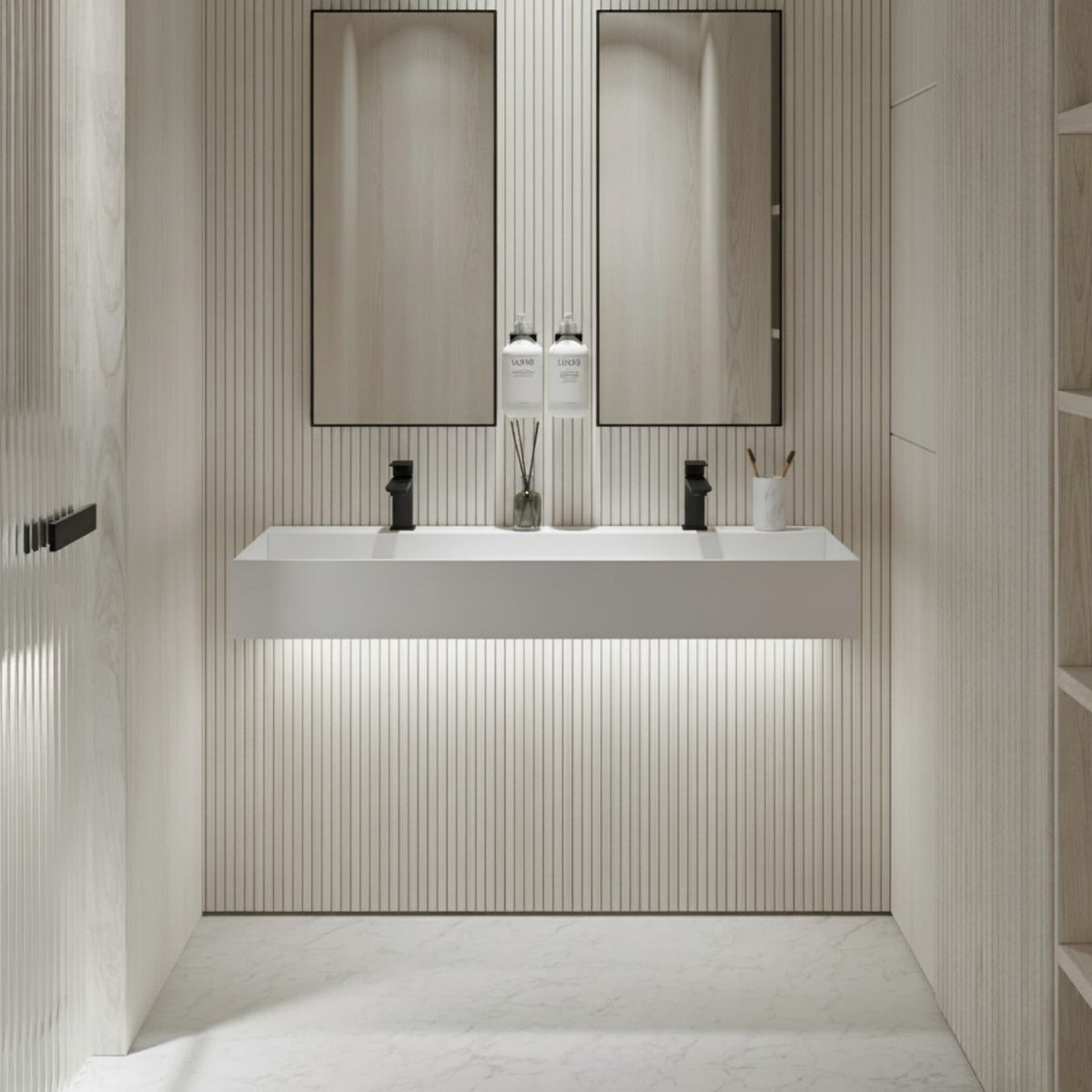 48-Inch Solid Surface Stone Resin Wall-Mounted Floating Double-Faucet Trough Bathroom Sink
