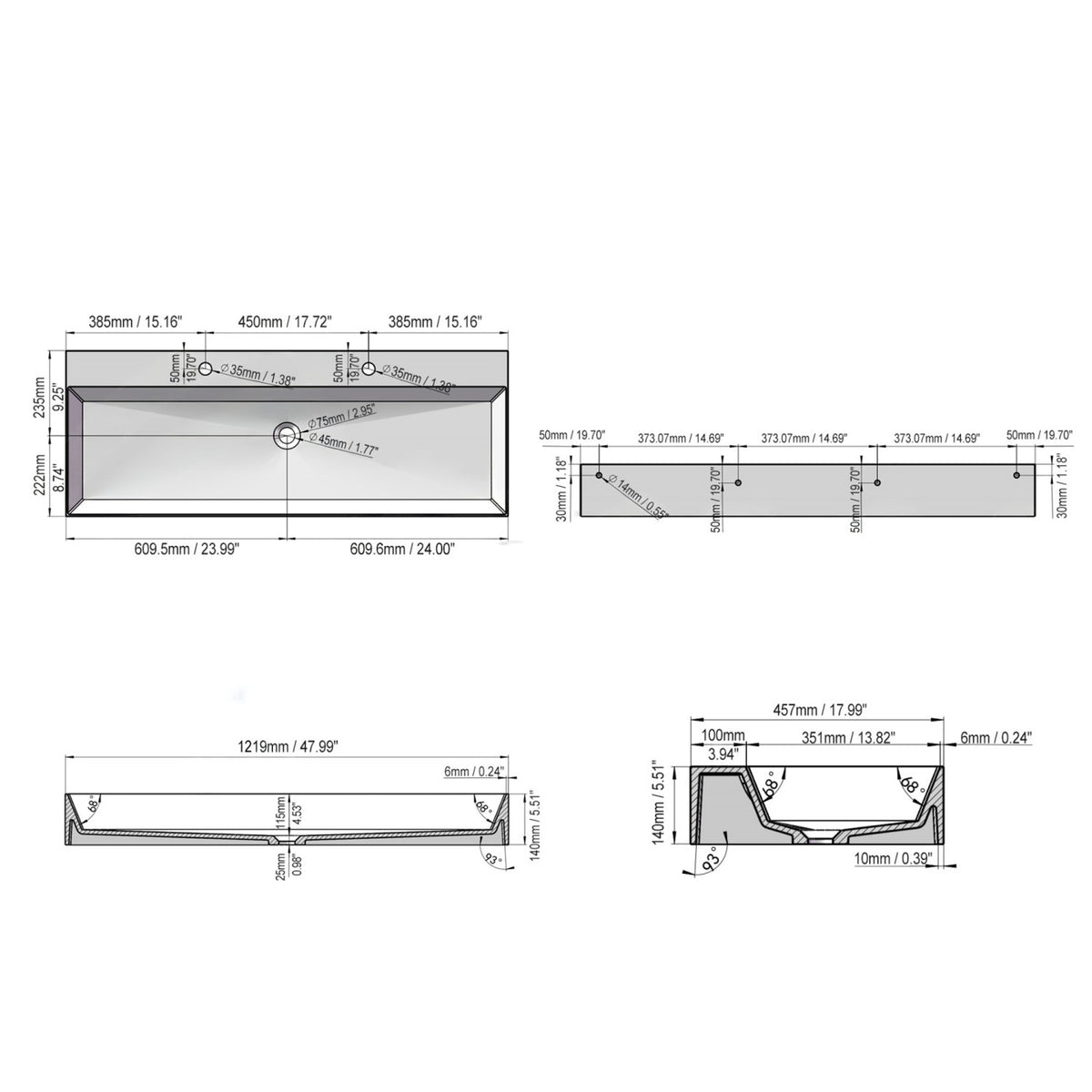 48-Inch Solid Surface Stone Resin Wall-Mounted Floating Double-Faucet Trough Bathroom Sink