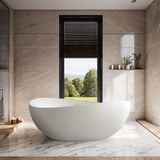 63 in. Artificial Stone Resin Solid Surface Matte Freestanding Bathtub in White with Pop-up Drain and Hose