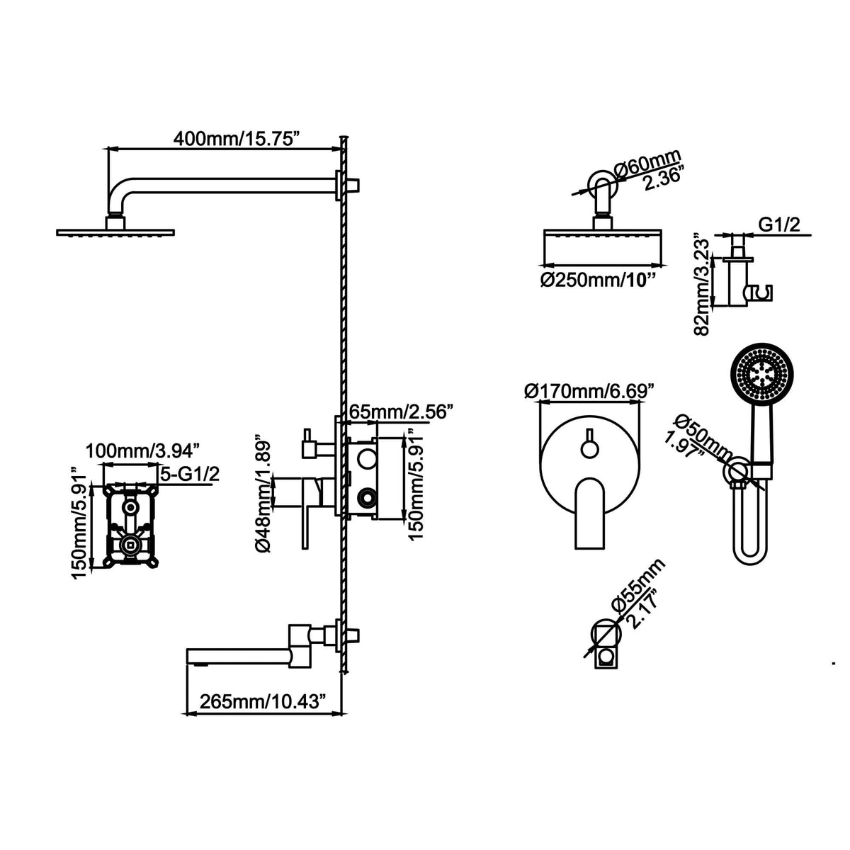 3-Function Round Rain Shower System with Handheld Shower & Tub Spout