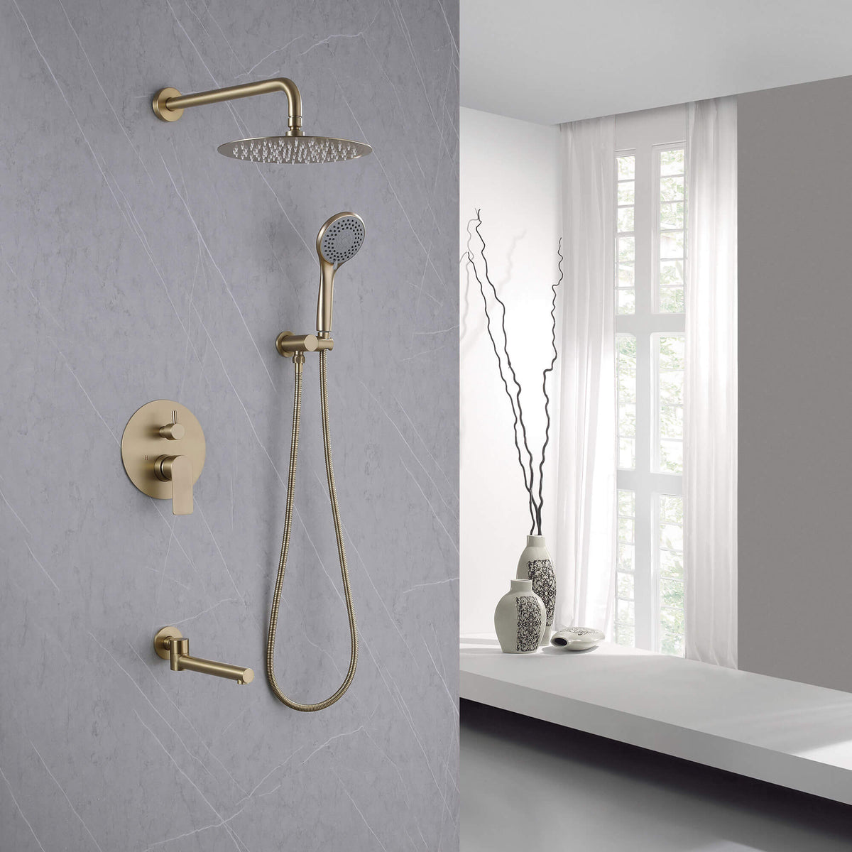 3-Function Round Rain Shower System with Handheld Shower & Tub Spout