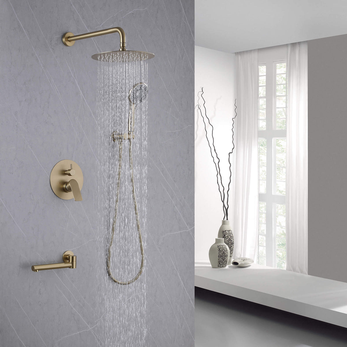 3-Function Round Rain Shower System with Handheld Shower & Tub Spout