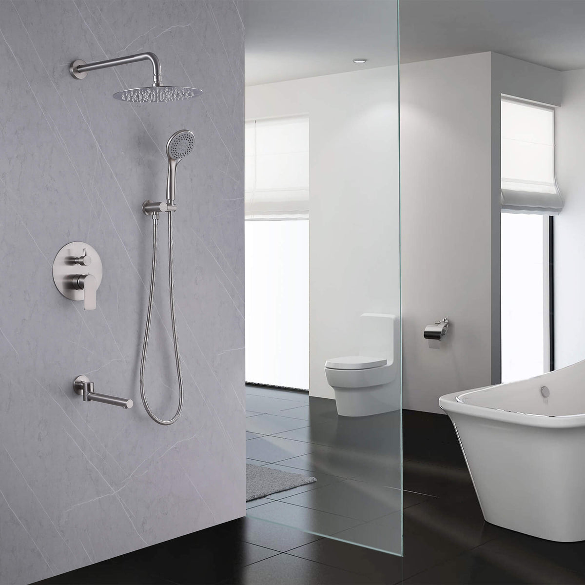 3-Function Round Rain Shower System with Handheld Shower & Tub Spout