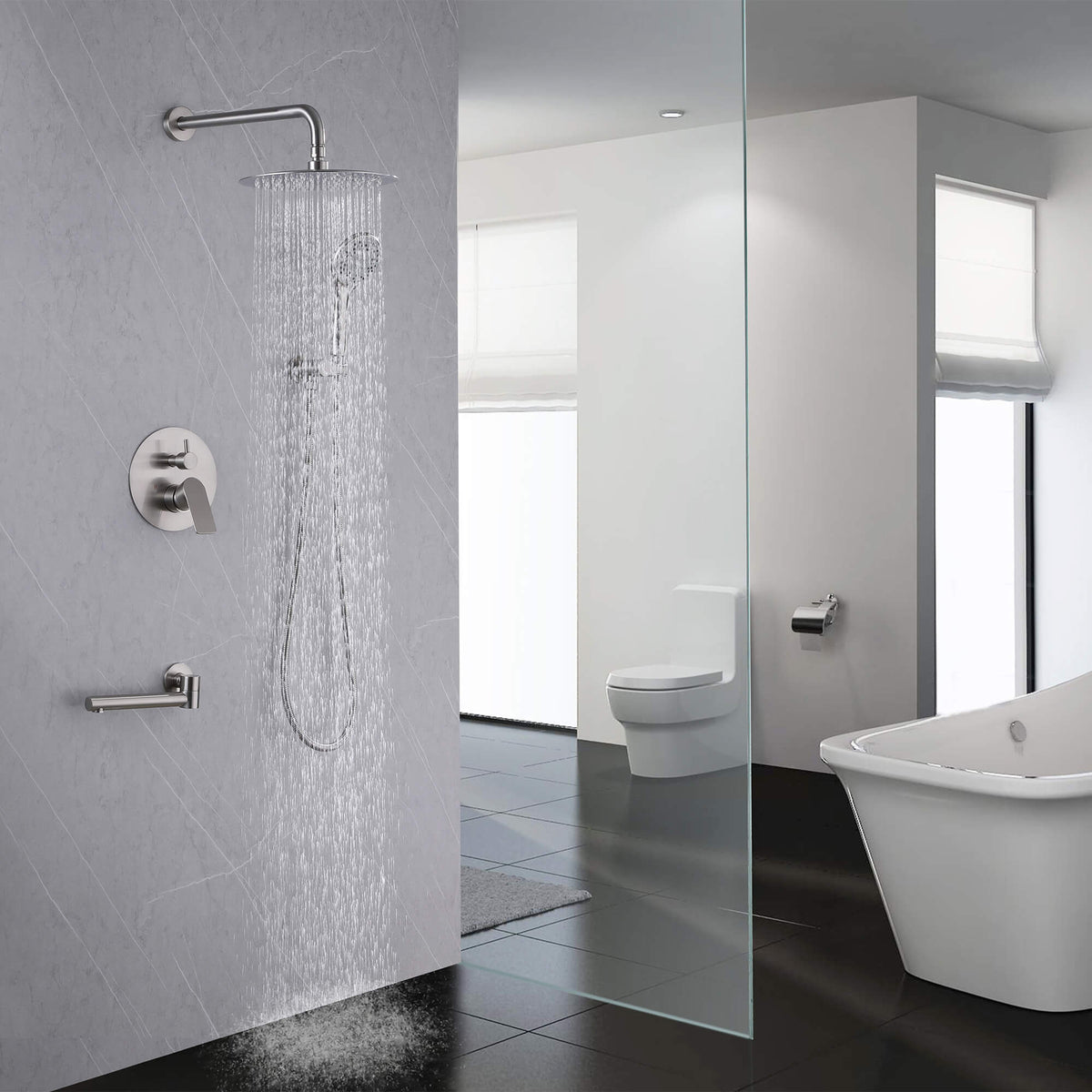 3-Function Round Rain Shower System with Handheld Shower & Tub Spout