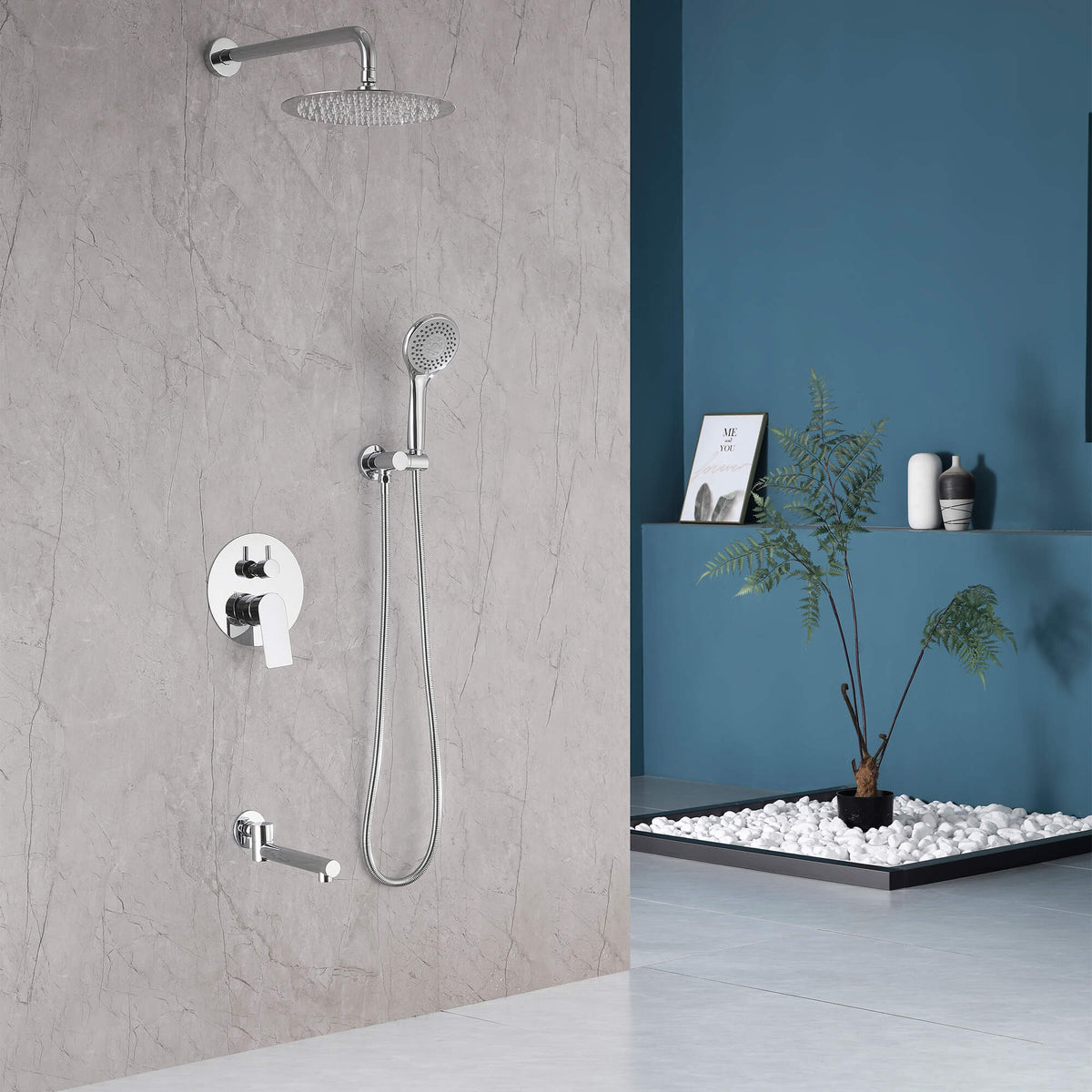 3-Function Round Rain Shower System with Handheld Shower & Tub Spout