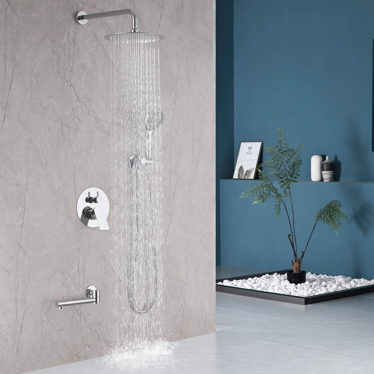 3-Function Round Rain Shower System with Handheld Shower & Tub Spout