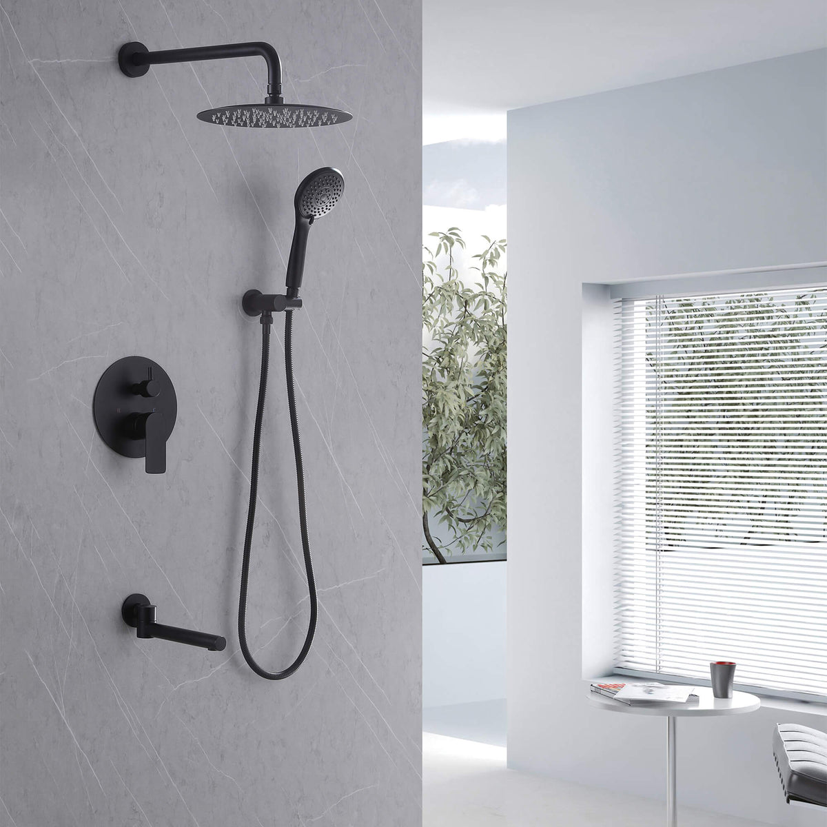 3-Function Round Rain Shower System with Handheld Shower & Tub Spout