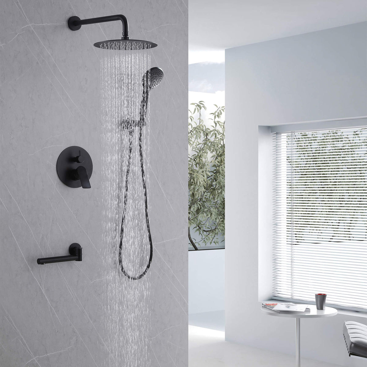 3-Function Round Rain Shower System with Handheld Shower & Tub Spout