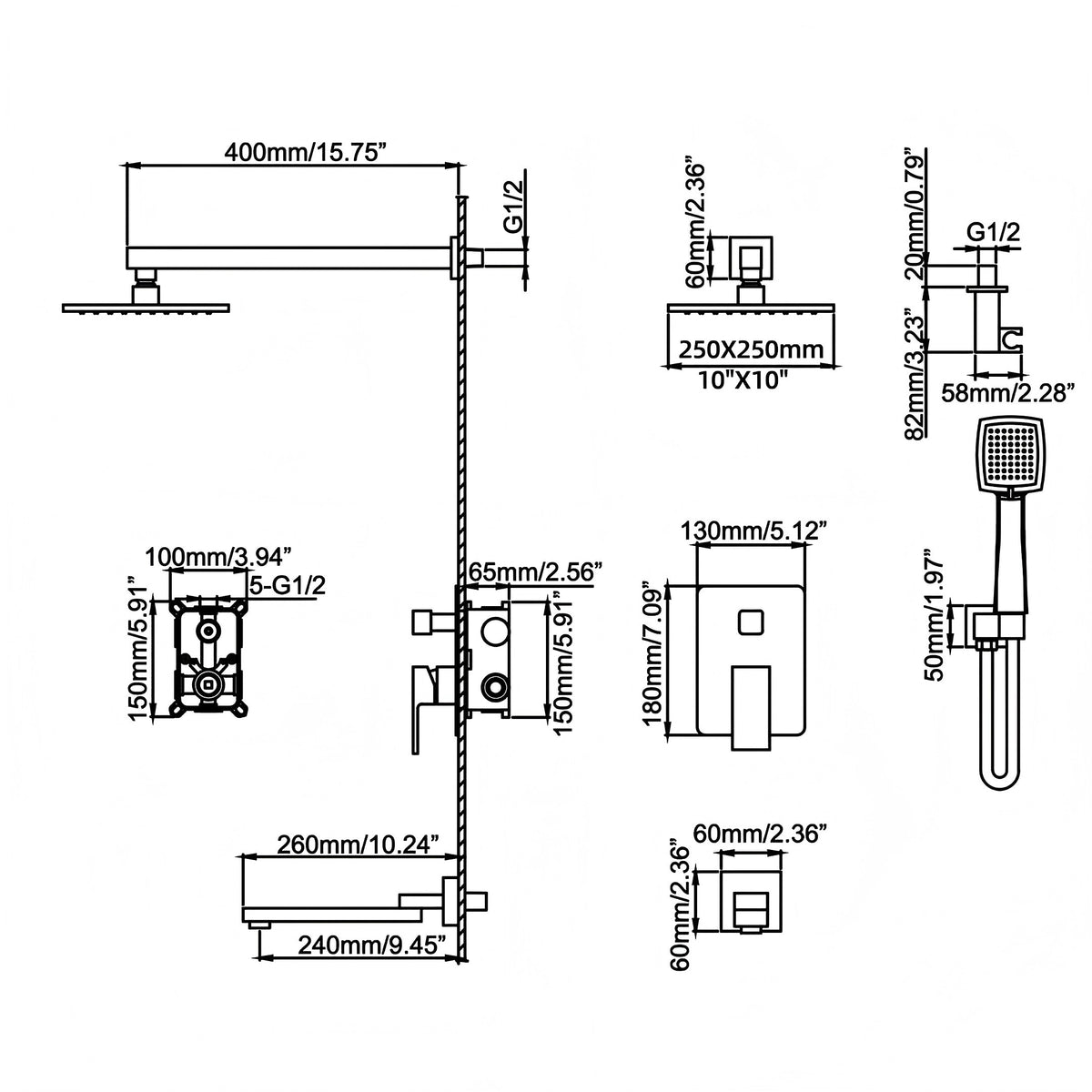 3-Function Square Rain Shower System with Handheld & Tub Spout
