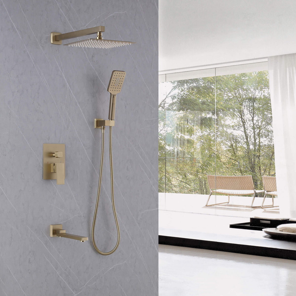3-Function Square Rain Shower System with Handheld & Tub Spout