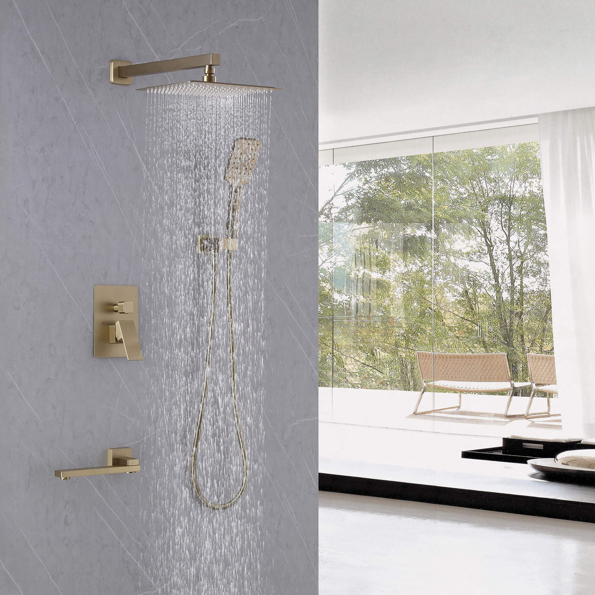 3-Function Square Rain Shower System with Handheld & Tub Spout