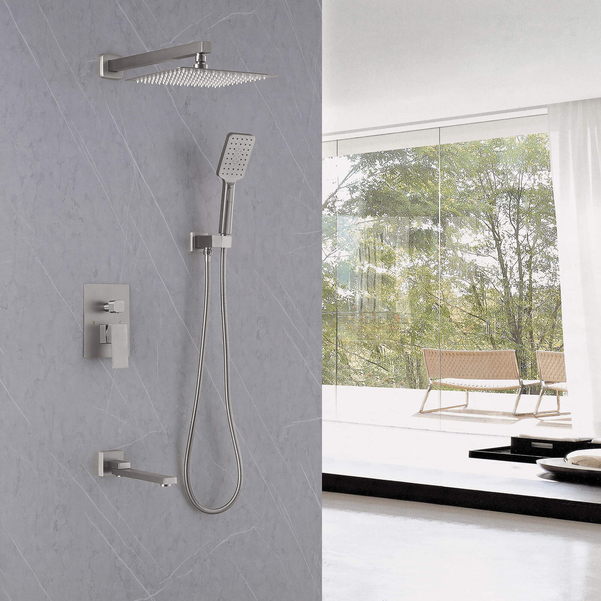 3-Function Square Rain Shower System with Handheld & Tub Spout
