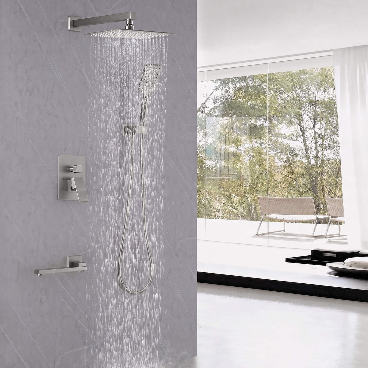 3-Function Square Rain Shower System with Handheld & Tub Spout