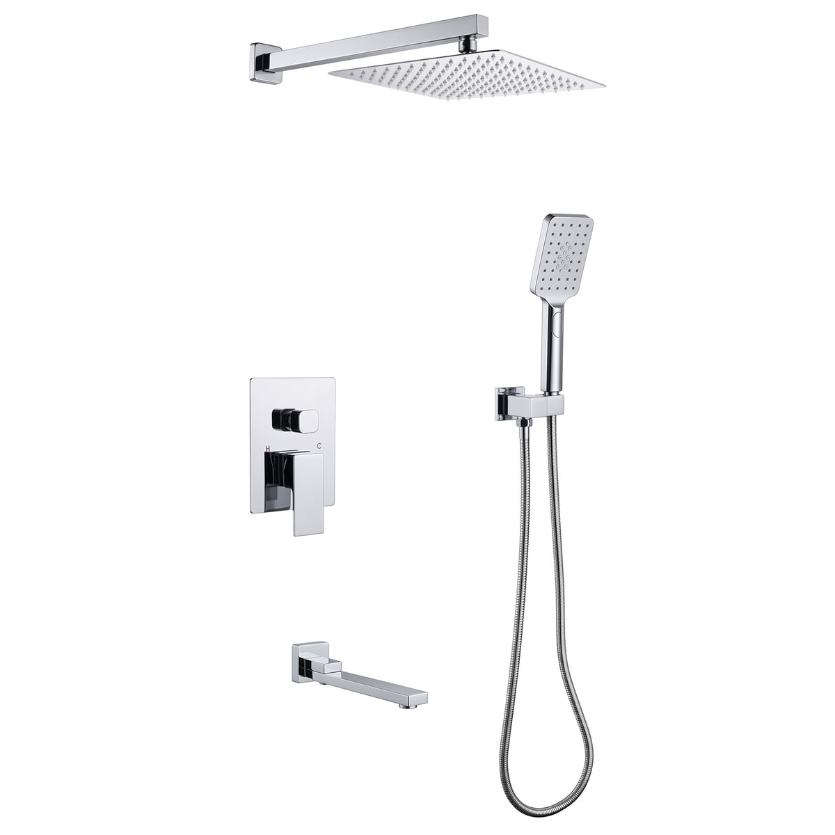 3-Function Square Rain Shower System with Handheld & Tub Spout