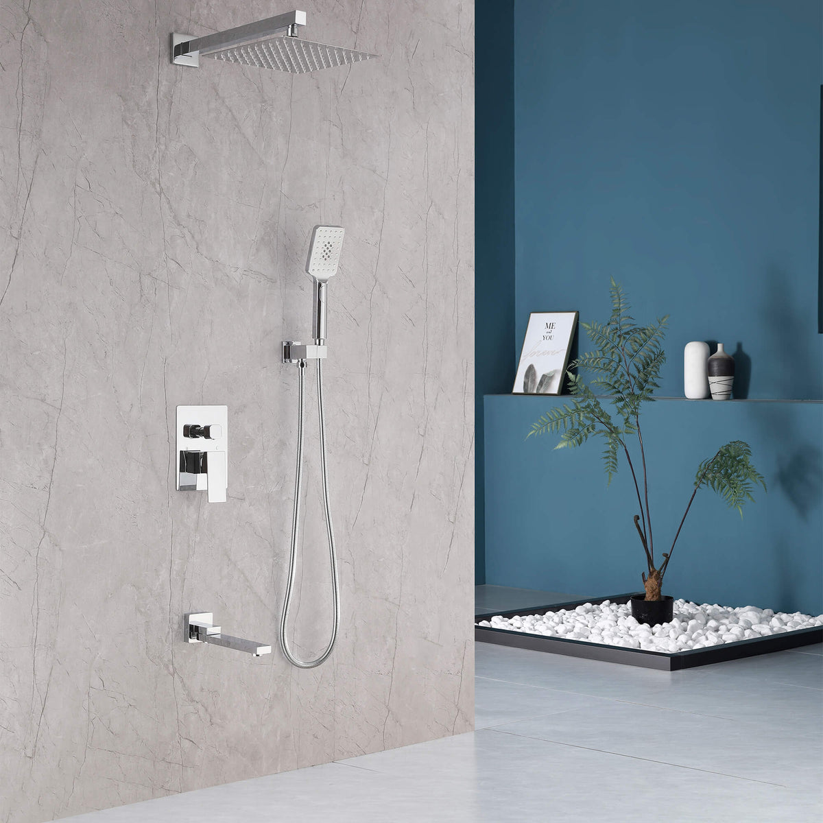 3-Function Square Rain Shower System with Handheld & Tub Spout