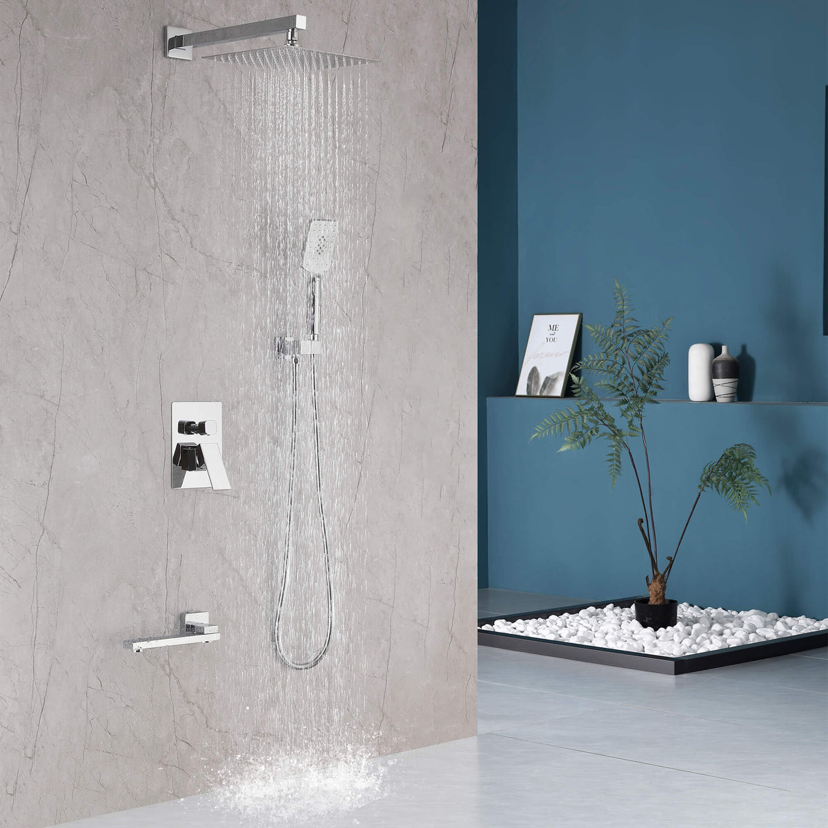 3-Function Square Rain Shower System with Handheld & Tub Spout