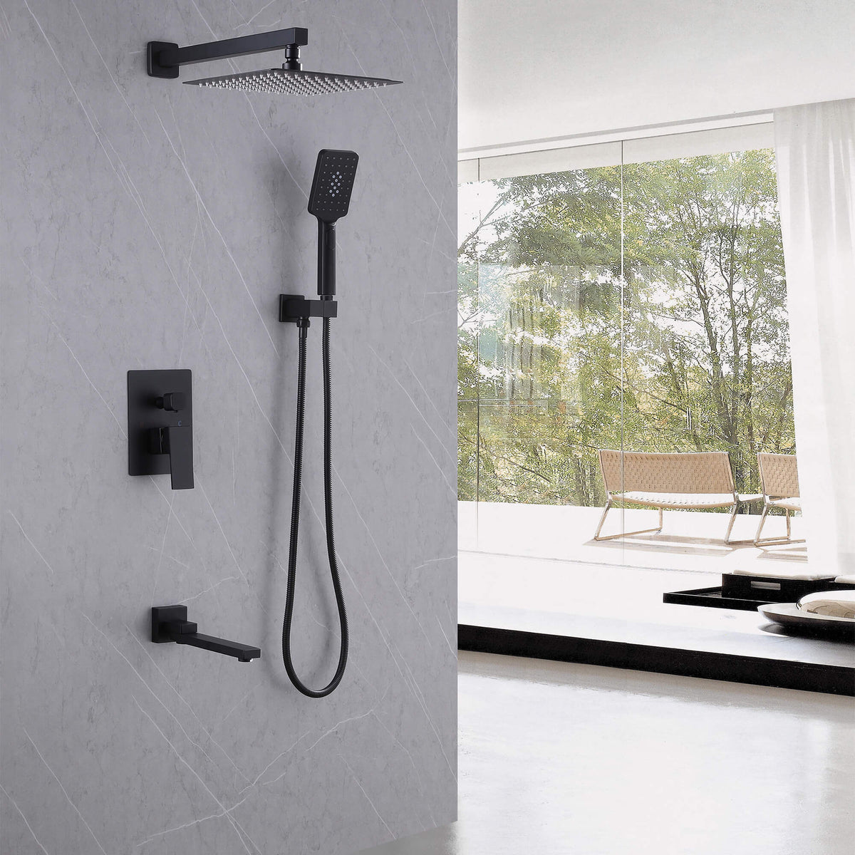 3-Function Square Rain Shower System with Handheld & Tub Spout