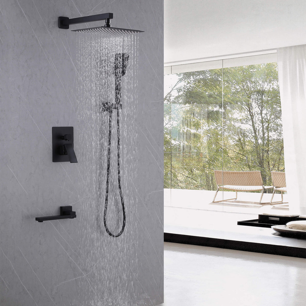 3-Function Square Rain Shower System with Handheld & Tub Spout