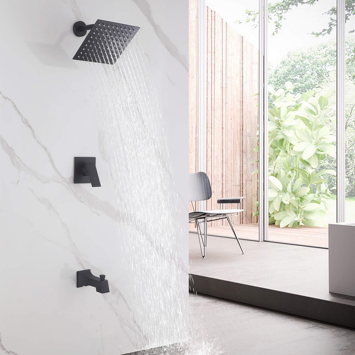 2-Function Square Rain Shower System with Tub Spout
