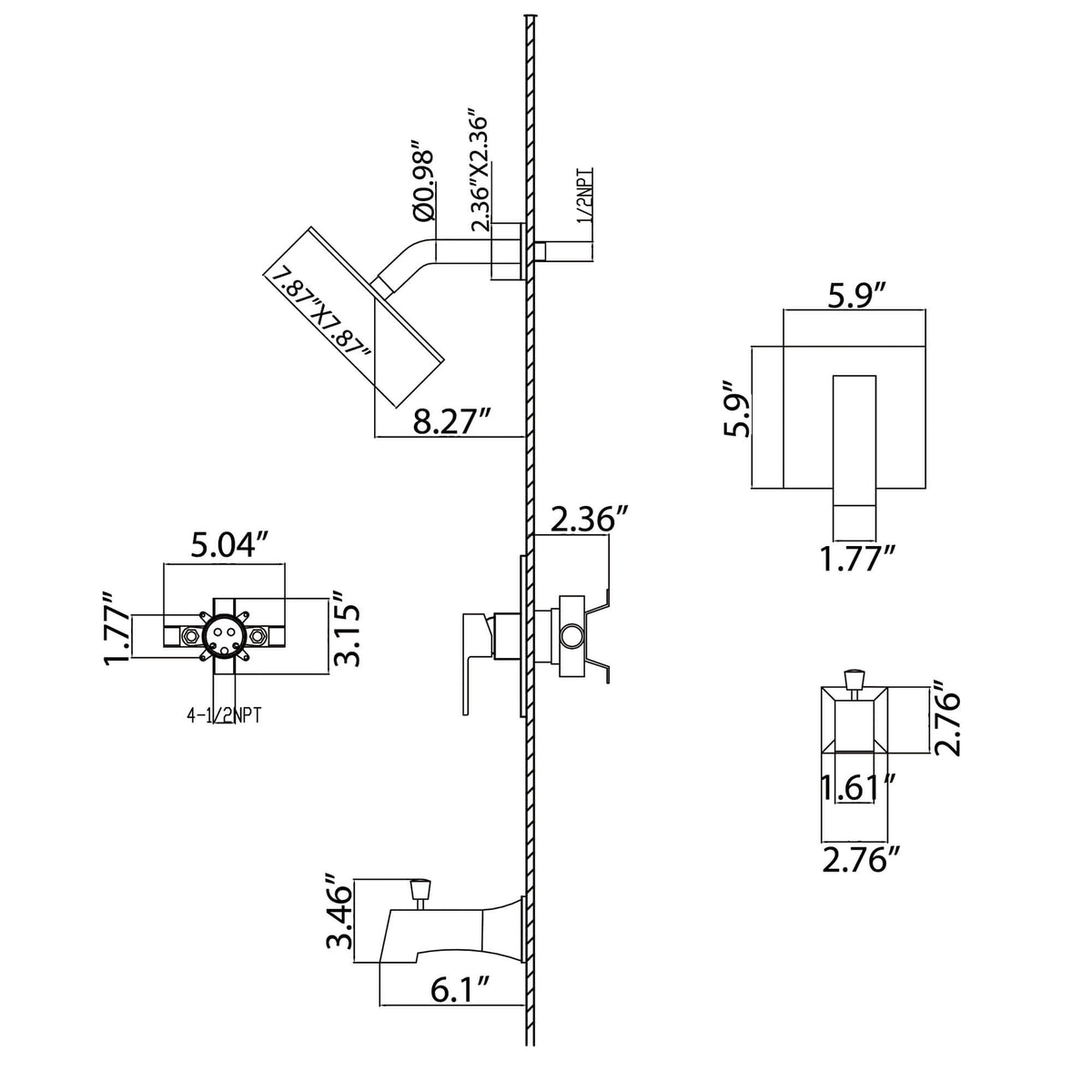 2-Function Square Rain Shower System with Tub Spout