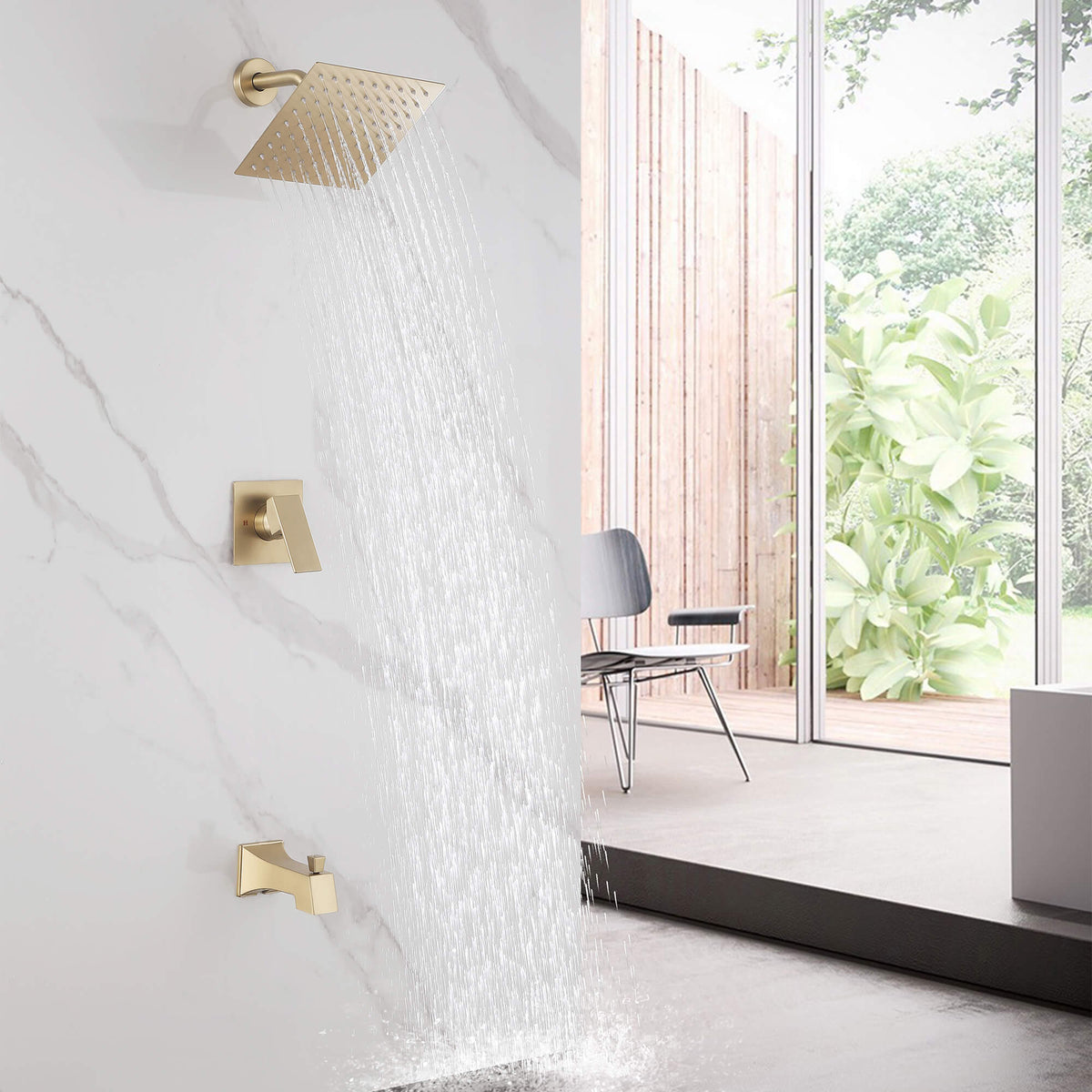 2-Function Square Rain Shower System with Tub Spout