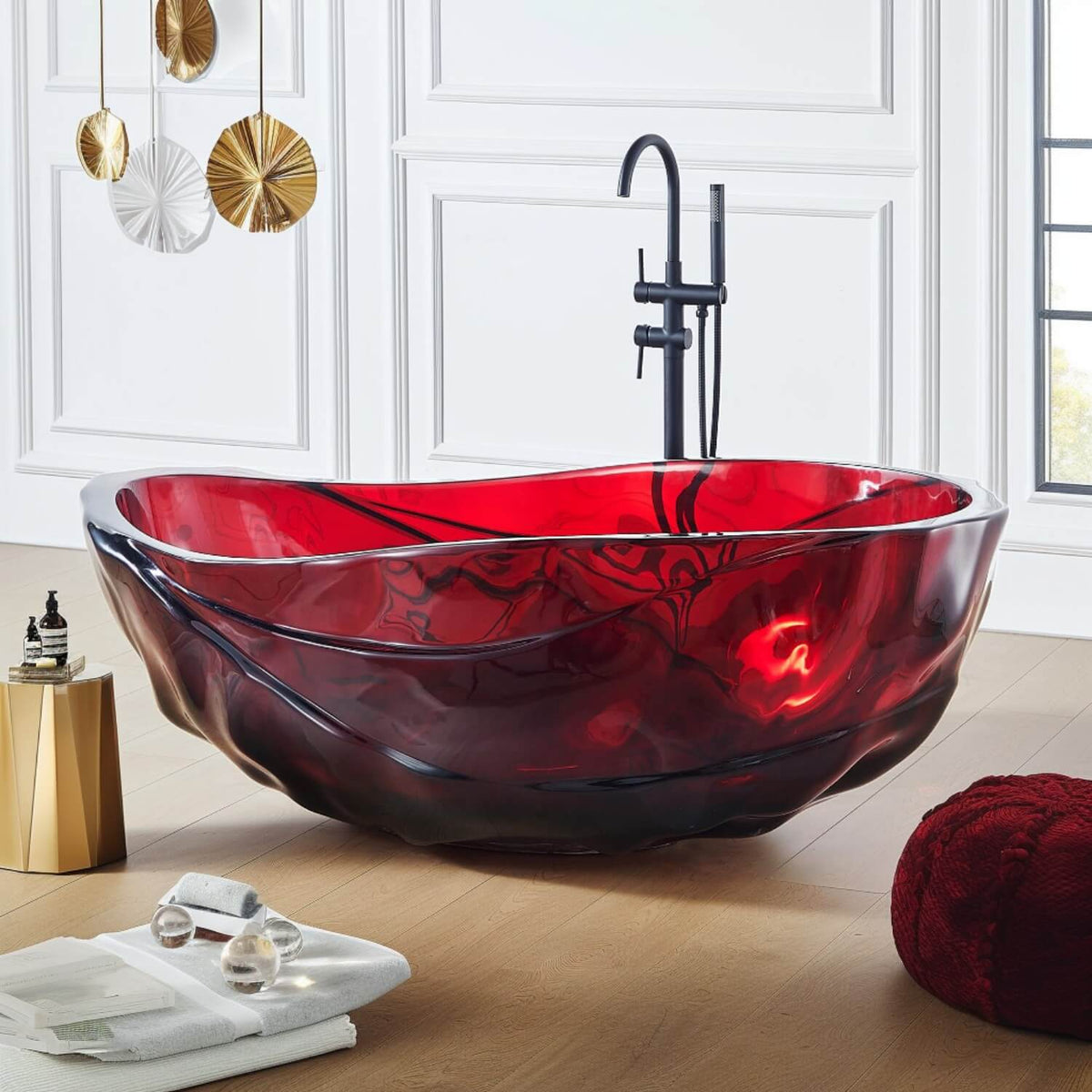 red transparent acrylic resin freestanding soaking tub