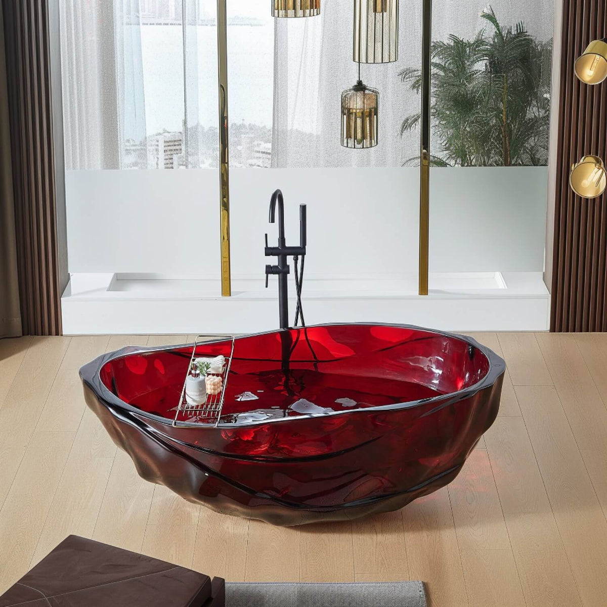 Fiery Red Transparent Acrylic Resin Freestanding Soaking Bathtub