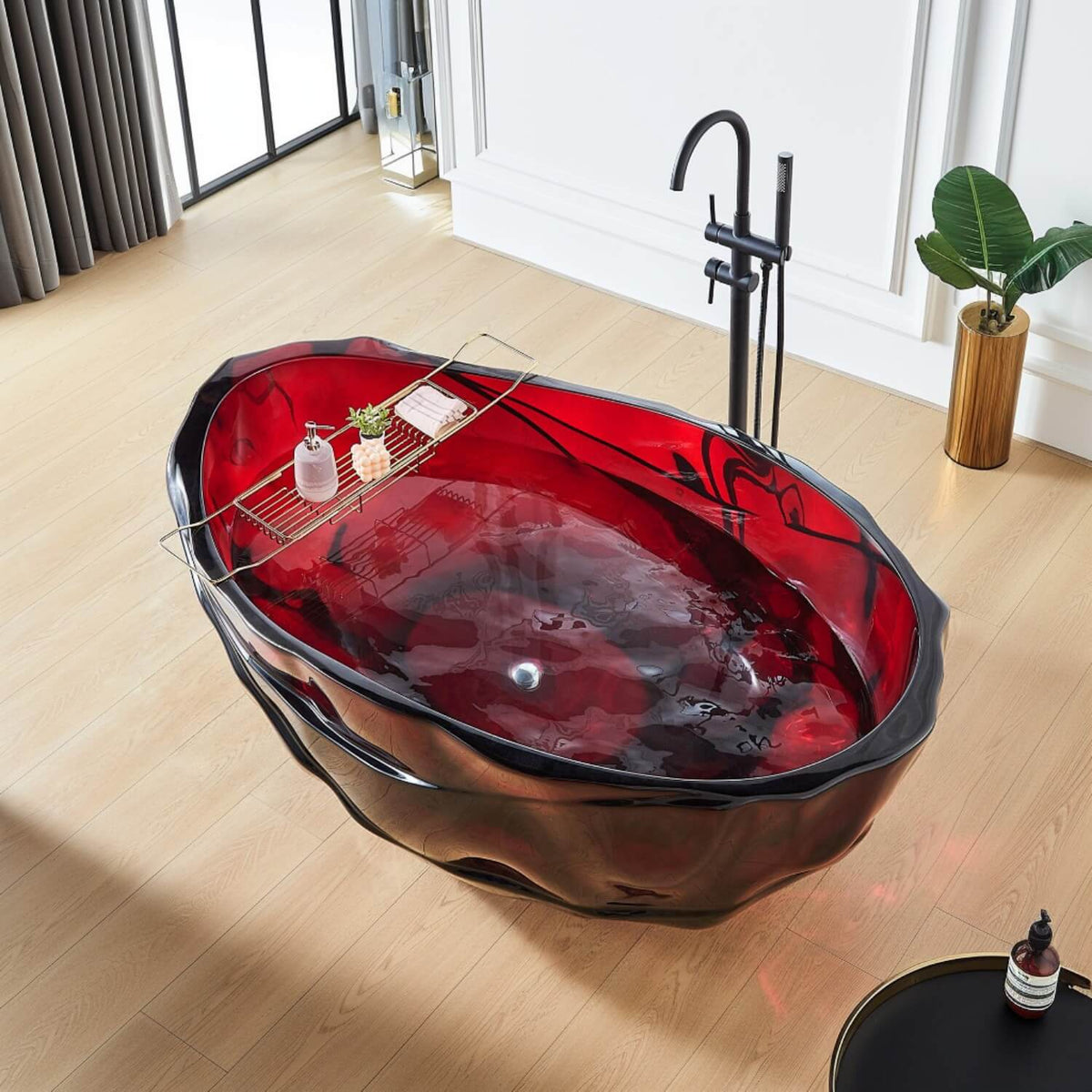 Fiery Red Transparent Acrylic Resin Freestanding Soaking Bathtub