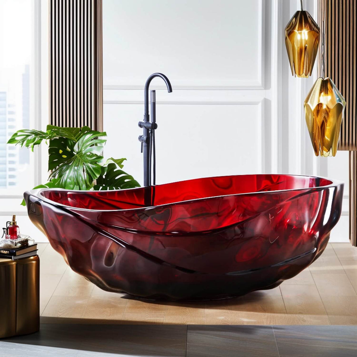 Fiery Red Transparent Acrylic Resin Freestanding Soaking Bathtub