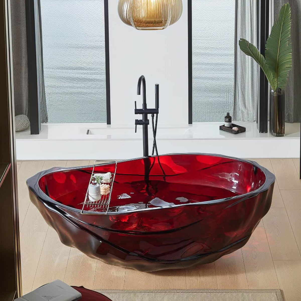 Fiery Red Transparent Acrylic Resin Freestanding Soaking Bathtub