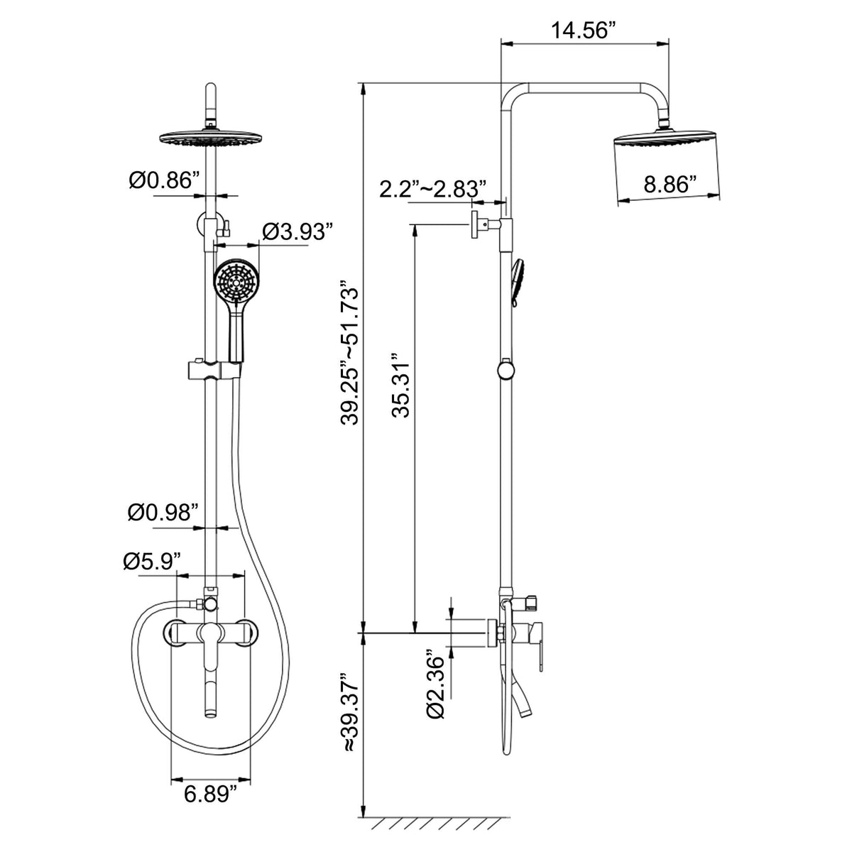 Modern Shower System with Adjustable Handheld Rainfall Head and Tub Spout