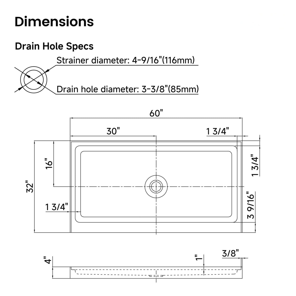 60 in. W × 32 in. D × 4 in. H Single Threshold Acrylic Shower Base – Center, Left or Right Drain