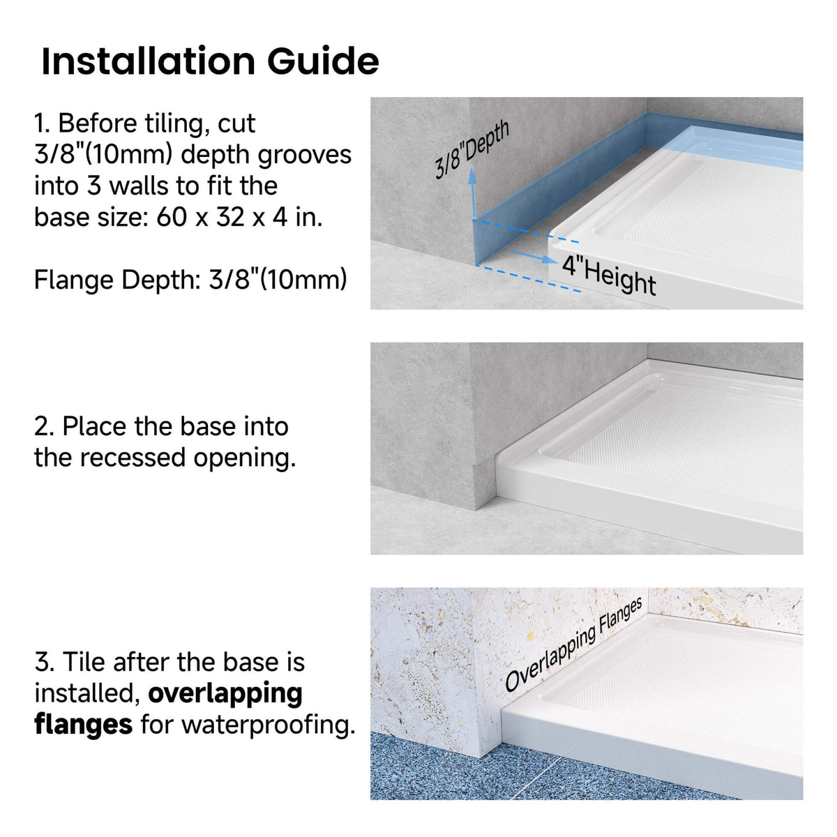 60 in. W × 32 in. D × 4 in. H Single Threshold Acrylic Shower Base – Center, Left or Right Drain