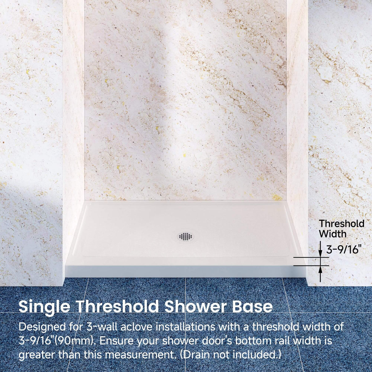 60 in. W × 32 in. D × 4 in. H Single Threshold Acrylic Shower Base – Center, Left or Right Drain