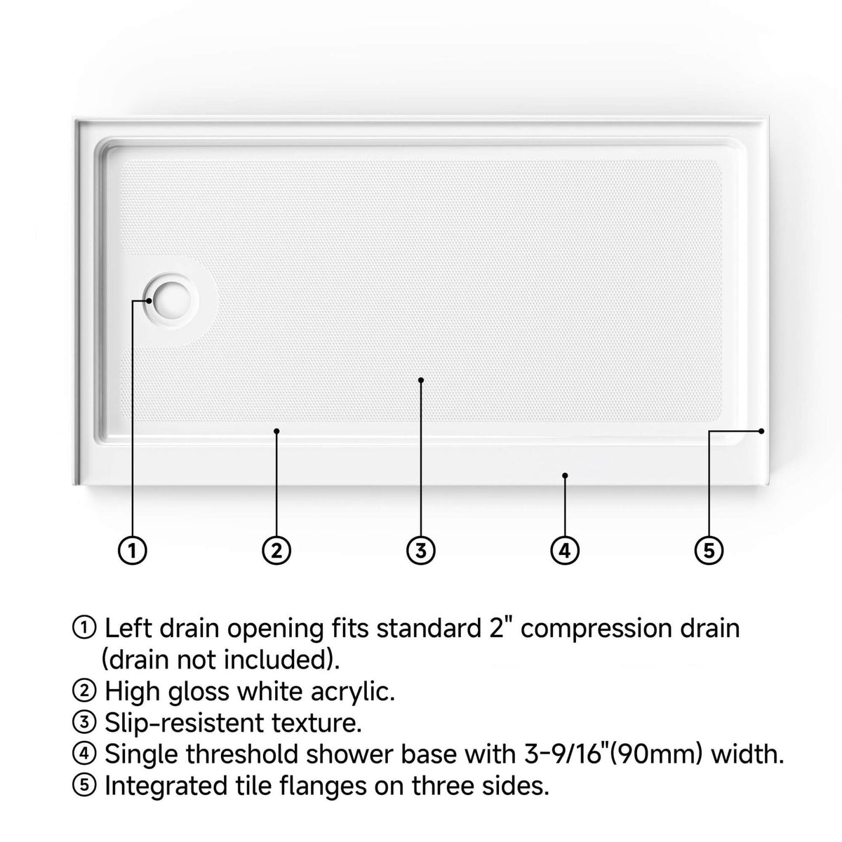 60 in. W × 32 in. D × 4 in. H Single Threshold Acrylic Shower Base – Center, Left or Right Drain