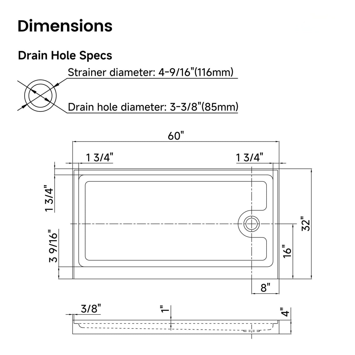 60 in. W × 32 in. D × 4 in. H Single Threshold Acrylic Shower Base – Center, Left or Right Drain