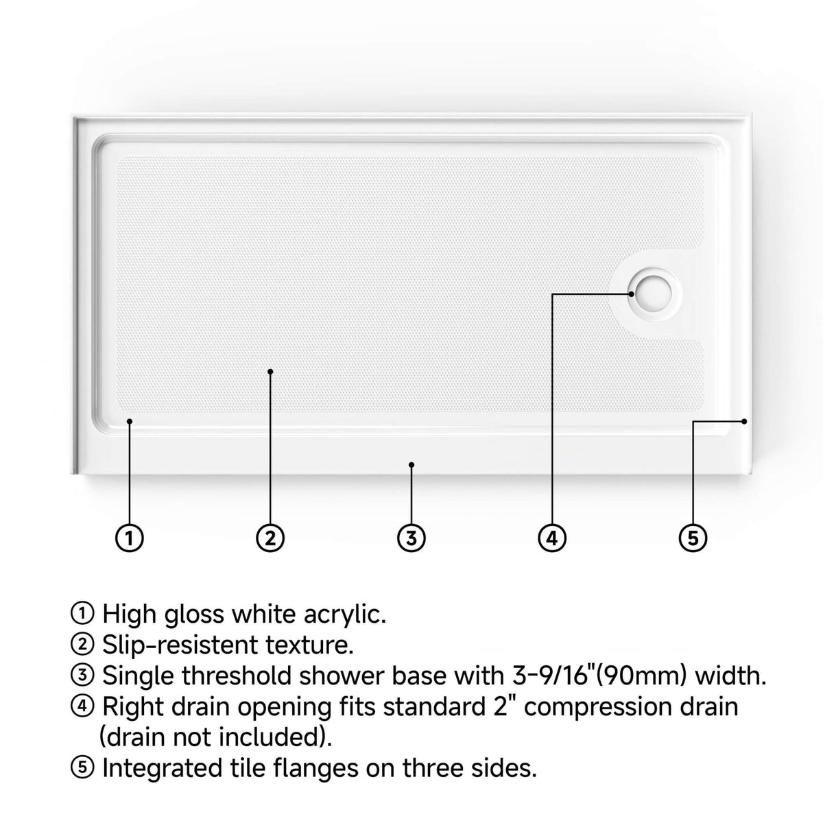 60 in. W × 32 in. D × 4 in. H Single Threshold Acrylic Shower Base – Center, Left or Right Drain