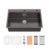 33-Inch Black Drop-In Kitchen Sink with Ledge and Accessories