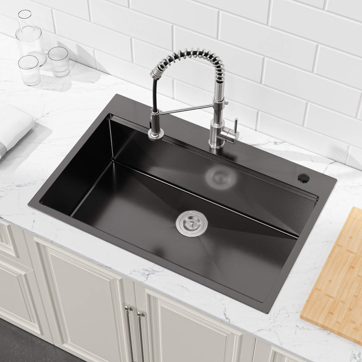 33-Inch Drop In Stainless Steel Workstation Sink with Accessories Single Bowl Matte Black