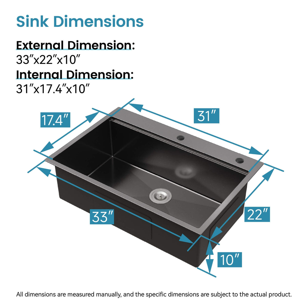 33-Inch Drop In Stainless Steel Workstation Sink with Accessories Single Bowl Matte Black