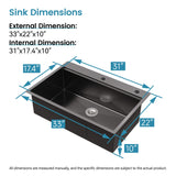 33-Inch Black Drop-In Kitchen Sink with Ledge and Accessories