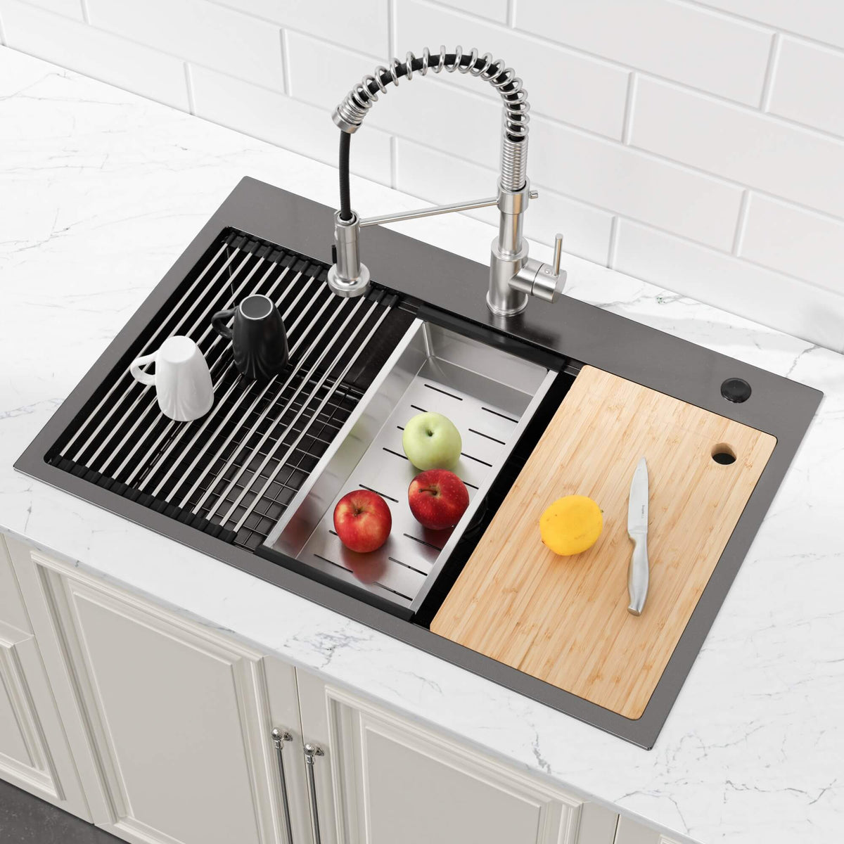 33-Inch Drop In Stainless Steel Workstation Sink with Accessories Single Bowl Matte Black
