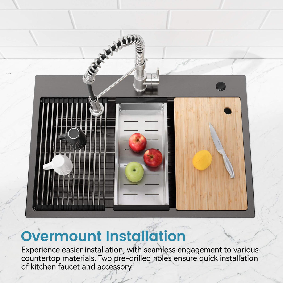 33-Inch Drop In Stainless Steel Workstation Sink with Accessories Single Bowl Matte Black