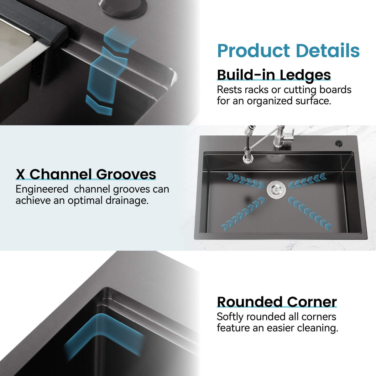 33-Inch Drop In Stainless Steel Workstation Sink with Accessories Single Bowl Matte Black
