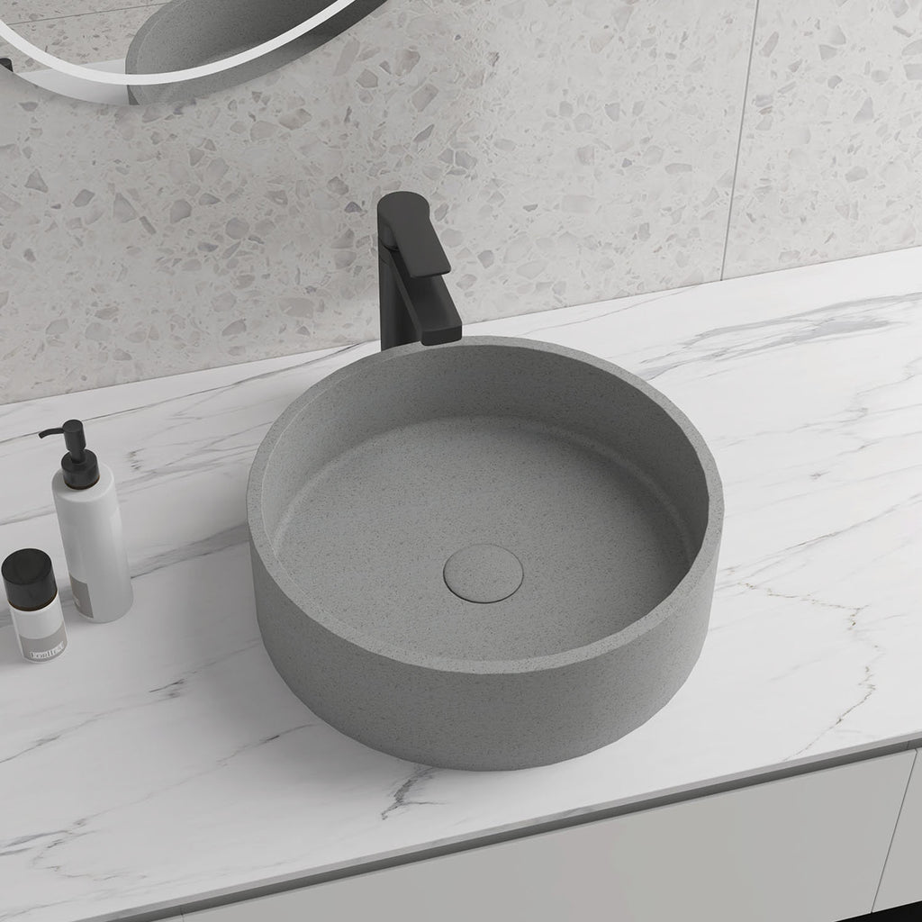15'' Round Concrete Vessel Bathroom Sink in Grey without Faucet and Drain