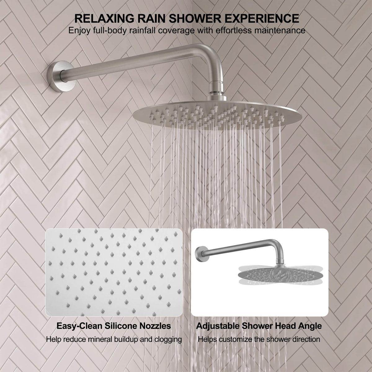 Large round rainfall head with flexible easy-clean nozzles and an adjustable joint for directing full-body water coverage
