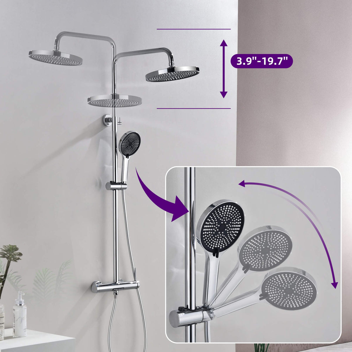 3-Function Exposed Stainless Steel Rain Shower Column with Waterfall Tub Filler