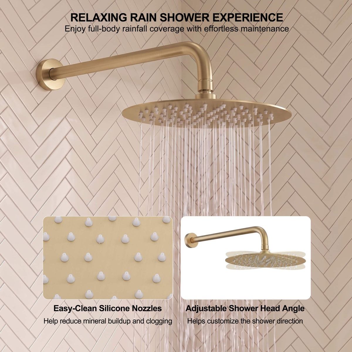 Wall-mounted brushed brass rainfall shower delivering wide coverage through flexible easy-clean silicone spray nozzles