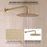 Wall-mounted brushed brass rainfall shower delivering wide coverage through flexible easy-clean silicone spray nozzles